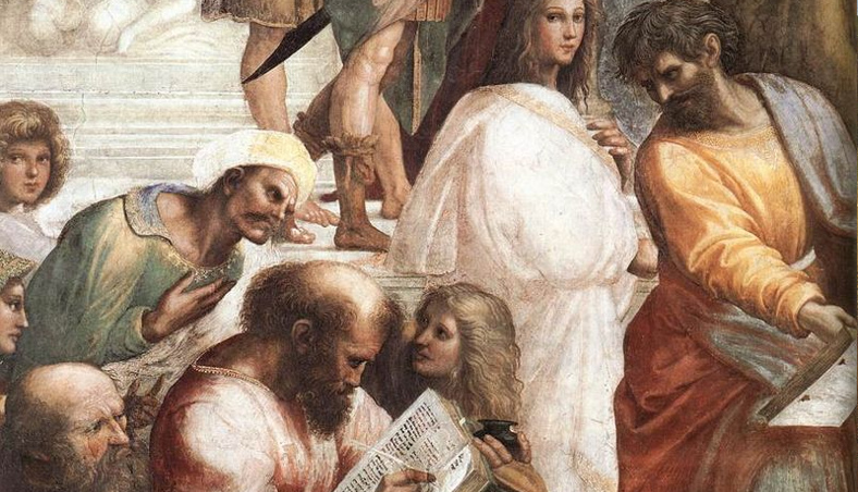Pythagoras, the man in the center with the book, teaching music, in Raphael's The School of Athens